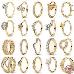 Anéis de cluster clássico série de cor de ouro anel 925 prata esterlina requintado zircão coroa coração moda charme feminino jóias festa presente