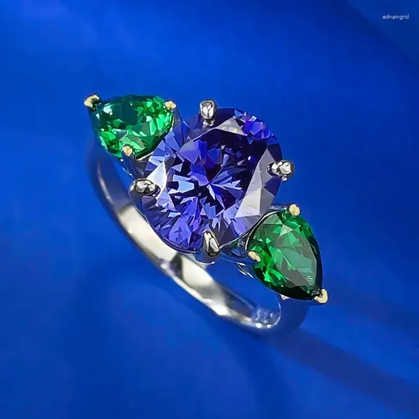 Cluster Anneaux Classic Lady Emerald Sapphire Ring Real 925 Sterling Silver Party Mariage Band for Women Bridal Engagement Bijoux