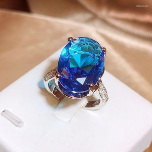 Cluster Ringen Klassieke Grote Sprankelende Blauwe Zirconia Dames Ring 925 Zilver Luxe Stijl Feest Sieraden Non-aanslag Huwelijkscadeau
