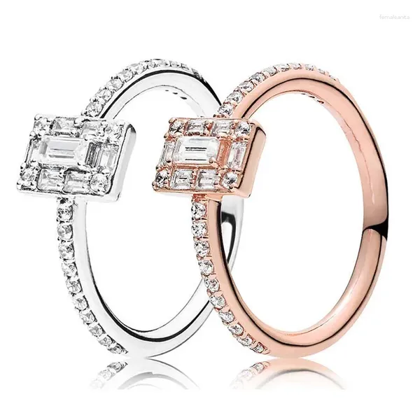 Cluster Anneaux Classic Rose Golden Luminous avec Crystal Ring 925 Sterling Silver For Women Wedding Party Gift Fine Europe Bijoux