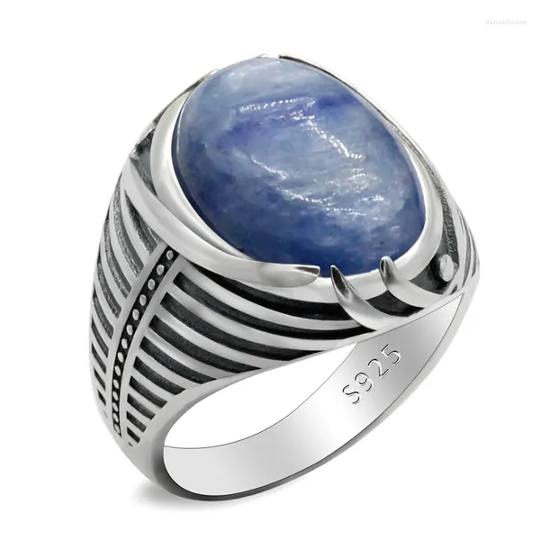 Bagues de cluster Bijoux turcs classiques 925 Bague en argent sterling pour hommes avec cyanite naturelle simple rayé punk cadeau de mariage d'anniversaire