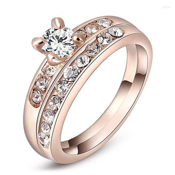 Bagues De Grappe Bague De Mariage Classique Pour Femmes Fiançailles Lesbiennes Rose Or Couleur Deux Ensemble Grande Pierre Zircon Cristal Déclaration Bijoux