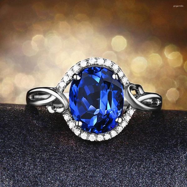 Anillos de racimo clásico azul real cristal zafiro piedras preciosas diamante para mujeres oro blanco plata Color joyería de lujo Bijoux Bague regalo