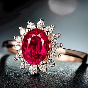 Cluster Ringen Klassieke Ruby edelstenen Zirkoon Diamanten Rose Gouden Kleur Voor Vrouwen Rode Jade Crystal Royal Sieraden Bijoux Bague Geschenken