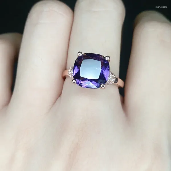 Anillos de racimo Classical Square Purple Gemstones Amethyst Zircon Diamonds Bandas de dedo para mujeres Accesorios Regalos de joyería llena de oro rosa
