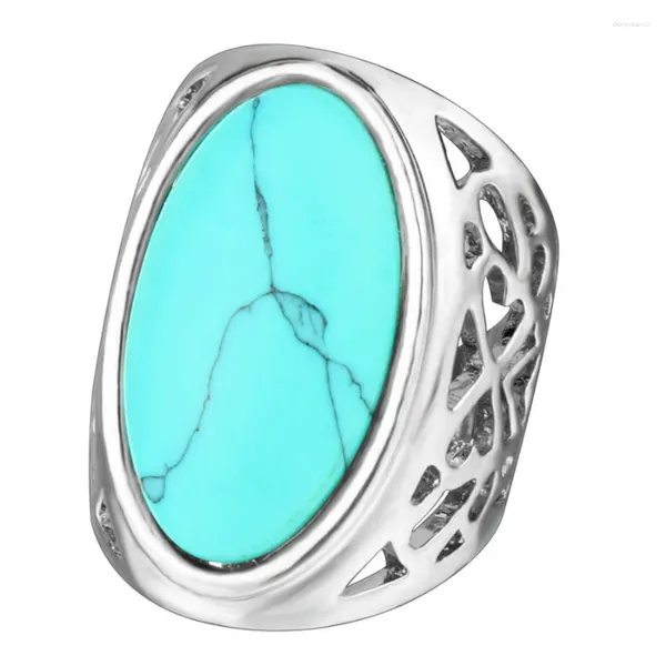 Anéis de cluster Clássicos Ovais Turquesas Pedra para Mulheres Vintage Oco-Out Branco Cor de Ouro Homens Jóias Bague Femme