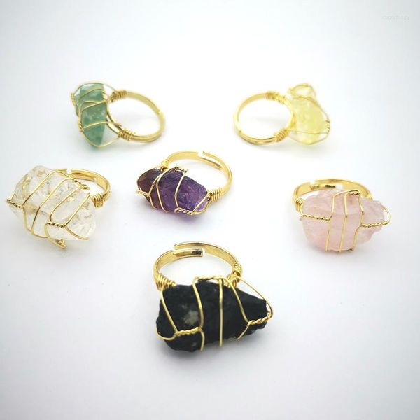 Bagues de Grappe Classy Redimensionnable Irrégulière Fluorite Améthystes Tourmaline Noire Citrine Quartz Rose Cristal Clair Guérison Chakra Bague Dorée