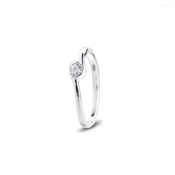 Anillos de racimo Clear Inclined Heart Solitaire Ring Real 925 Sterling Silver para mujeres Compromiso Declaración de boda Joyería Regalo Anillos