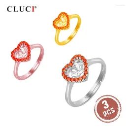 Cluster anneaux CLUCI 3PCS 925 STERLING Silver Women Engagement Perle Ring Moutinement Cœur réglable Zircon SR2155SB