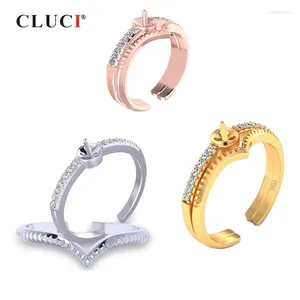 Cluster anneaux CLUCI 925 argent sterling double zircon femmes anneau de perle réglable Montage de mariée SR2216SB