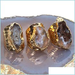 Anillos de cl￺ster Anillos de cl￺ster Agates Duzy Slice Druze Pendiendo aretes de forma chapada de oro electrochalada de Brasil Style Natural Stone Dhae9