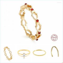 Bagues de Grappe Bagues de Grappe Aide 925 Sterling Sier Délicat Gemme Rouge Mosaïque Ouverture Creuse Pour Les Femmes Perles De Zircon Clair Twisted Circl Dhwam