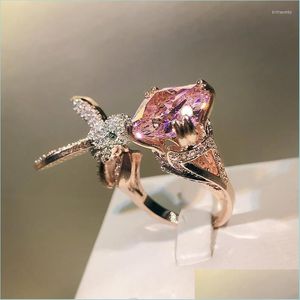 Anillos de racimo Anillos de racimo Delicado colibrí Zafiro Topacio Rosa Apertura ajustable Anillo de pareja para mujer Fl Diamante Compromiso Dh5V7