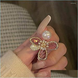 Bagues De Grappe Bagues De Grappe Conception De Bijoux De Mode Exagéré Cristal Rose Fleur Perle Anneau De Luxe Brillant Femmes Ouverture Réglable Dhv4N