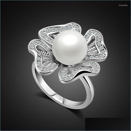 100 925 Sterling Sier Mariage Fiançailles Mode Femme Hyperbole Fleur Perle Anneau Pa Dhdcb