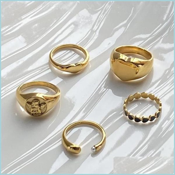 Cluster anneaux de cluster anneaux Ins Creative Titanium Steel Geométrique Love Heart Ring Vintage Simple Pearl Angel For Women Girls Fashion DH54Z