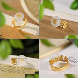 Clusterringen Clusterringen Geïnspireerd ontwerp Goldplated ingelegde natuurlijke hetian Jade Round Open Ring Elegant Charm Ladies Sier sieraden Dhfak