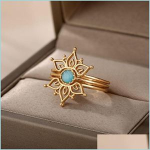 Anneaux de cluster Anneaux de cluster Vintage Opal pour femmes en acier inoxydable Sun Ring Moonstone Gold Sliver Couleur Accessoires Bijoux Cadeau Fri Dh9Wz