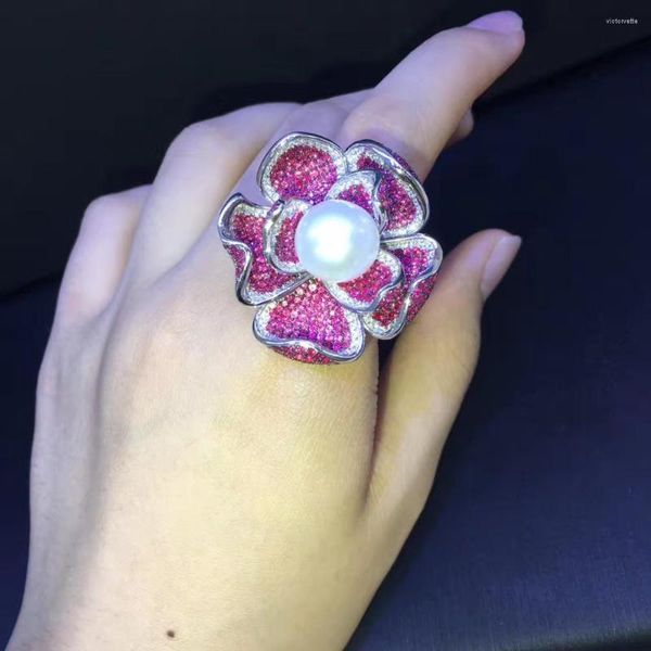 Anillos de racimo Anillo de cóctel Flor de perla de agua dulce natural 925 Plata de ley con circón cúbico Rosa Color rojo Moda Joyería de mujer