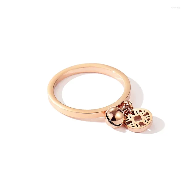 Anillos de racimo Anillo de campana de moneda para mujeres Dinero Riqueza antigua china Buena fortuna Color oro rosa Joyería de moda de acero inoxidable 316L (GR272)