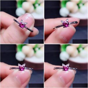 Cluster Rings Colife Jewelry Cute Sier Kitten Ring 4mm Natural Garnet 925 Cadeau voor vrouw Drop Delivery DHVST
