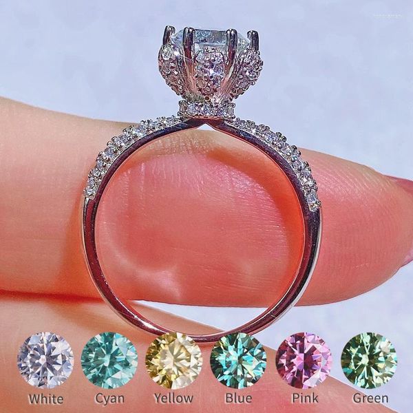 Bagues Cluster Couleur D VVS1 Bague Moissanite Fleur Conception 1 Bleu Vert Jaune Rose Rouge Diamant Argent 925 Plaqué Platine Pour Femme