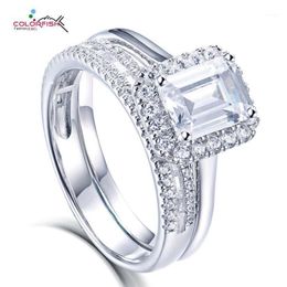 Clusterringen Colorfish 1 5ct Sets Luxe Emerald Cut Gem Solid 925 Sterling Silver Wedding Band For Women Engagement Sieraden Part2488