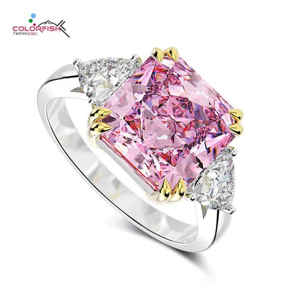 Anillos de racimo COLORFISH Chapado en rodio Plata esterlina Anillo de compromiso de corte radiante Lujo 6 CZ rosa Joya de aniversario de tres piedras