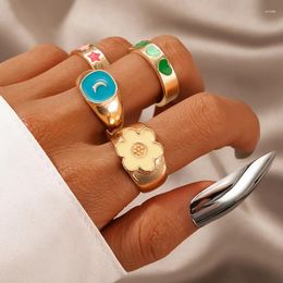 Cluster anneaux colorés Tai Chi Bagua Huile dégoulinante fleurs de fleurs de joints pour femmes Moon Géoemtric Gold Alloy Metal Bijoux anillo