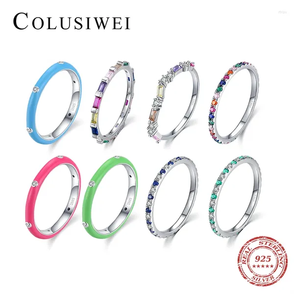 Cluster Anneaux Coluluwei Marque 11 PCS Véritable 925 Crystal arc-en-ciel en argent sterling pour les femmes émaillants