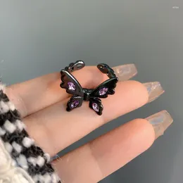 Clusterringen koele zwarte vlinder open ring punkstijl holle metaal verstelbare vinger met paars kristallen inleg ontwerp