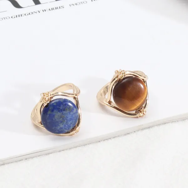 Bagues de cluster Wrap fil de cuivre Lapis Lazuli Tiger Eye Quartz Pierre naturelle Mode Dia intérieur 1.7cm Couleur Or Brincos Bijoux pour femmes