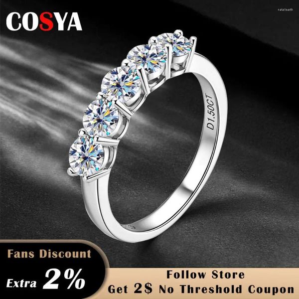 Anillos de racimo Cosya D Color Moissanite Anillo para mujeres 925 Plata esterlina Chapado en oro blanco Corte redondo Eternidad Diamante Banda Joyería de boda