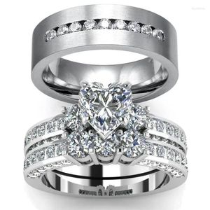 Cluster Ringen Paar Voor Vrouwen Hart Steentjes Zirconia Set Eenvoudige CZ Rvs Mannen Ring Bruiloft Sieraden Minnaar Geschenken