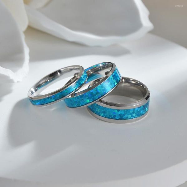 Anillos de racimo, anillo de pareja, incrustaciones de acero inoxidable, fibra de carbono de lentejuelas irregulares azules para mujeres y hombres, joyería de banda de boda