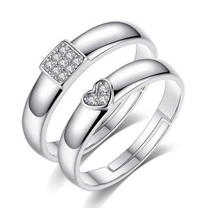 Cluster Ringen Paar Vierkant Hart Diamant Kristal Sier Te Openen Verstelbare Verlovingsring Voor Vrouwen Mannen Mode-sieraden Drop Dhgub