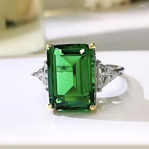 Clusterringen Creative 925 Sterling Silver Moissanite Big Square 10 14mm Emerald Green Color Ring For Women Fine Jewelry Gift Accessoire