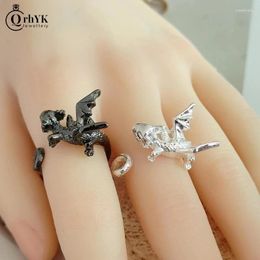 Cluster ringen creatief grappig zwart vliegende draak voor vrouwen man verstelbaar dier open luxe paar rock party sieraden cadeau