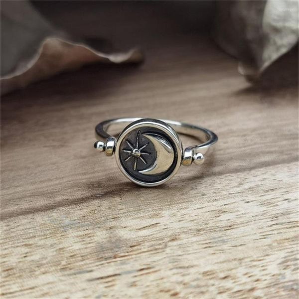 Cluster Anneaux Créatif Rétro Argent Couleur Rond Soleil Dieu Et Lune Double Face Flip Hommes Dames Anneau Partie Voyage Couple Bijoux Cadeau