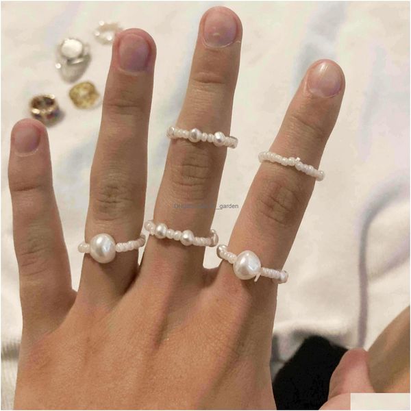 Bagues de cluster Creative Rétro Simple Blanc Riz Perle Perle En Gros Élastique Bague 5 Pièces Ensemble Pour Femmes Drop Livraison 202 DHS9W