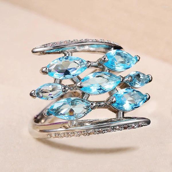 Anillos de racimo creativo de moda plateado geométrico para las mujeres brillo azul marquesa cz piedra incrustación joyería de moda anillo de regalo