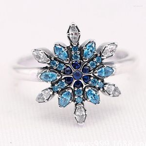 Cluster Ringen Gekristalliseerde Sneeuwvlok Ring Voor Vrouwen Authentieke S925 Sterling Silver Lady Sieraden Meisje Verjaardagscadeau Clear Blue CZ