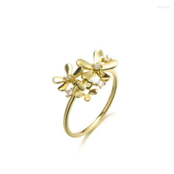 Anillos de racimo Zirconia cúbica Tres flores Anillo 14K Oro Joyería nupcial Compromiso de boda Conjuntos de gallos para mujeres Niñas bebés Edwi22