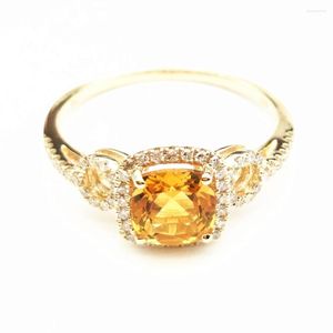Clusterringen kussen 6x6 mm citrine ring solide 14k geel goud verloving bruiloft natuurlijke diamanten setting vrouwen fijne sieraden