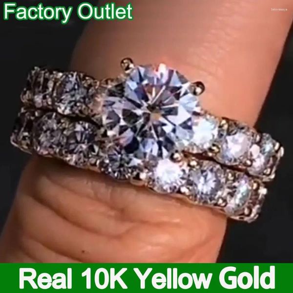 Anillos de clúster reales reales de 10k de oro amarillo sets nupcy anillo de compromiso aniversario aniversario de boda aldea de cuentas redondo moissanite diamante