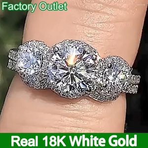 Cluster Anneaux Custom Real 18K White Gold Bridal SetS Ring Women Engagement Anniversary Wedding Band Three Round Moissanite Diamond