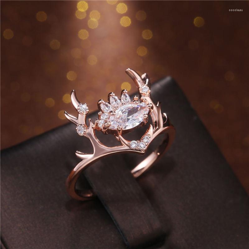 Cluster Rings Cute Deer Ring Wedding Size 6-10 Elegant Women White Rose Gold Color