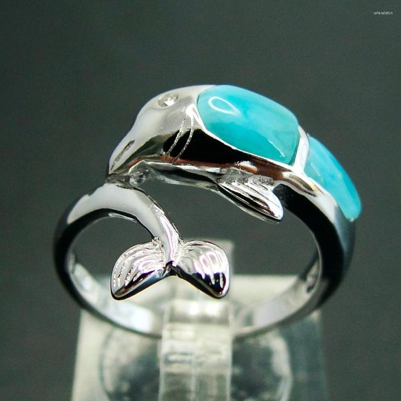 Cluster Rings Cute Dolphin Tail Natural Larimar Gemstone Woman In Real 925 Sterling Silver Fine Jewelry