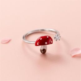 Anneaux de cluster mignon dégoulinant champignon rouge ouvert sterling 925 bijoux en argent diamants réglables pour femmes fille cadeau accessoire229s