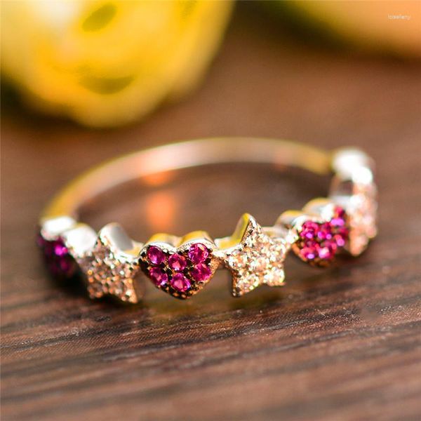 Clusterringe süße weibliche Kristall Rose roten Stein Ring Real 925 Sterling Silber Star Herz Boho versprechen Verlobung für Frauen